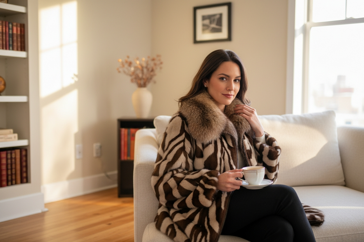 Stylish Brown and Tan Genuine Mink Bomber with Cross Trim Collar