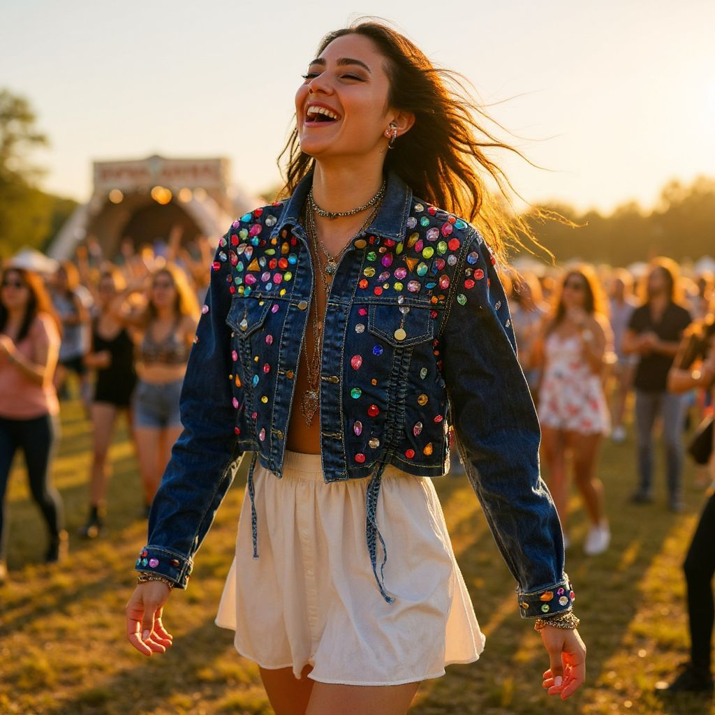 Colorful Rhinestone-Embellished Denim Jacket