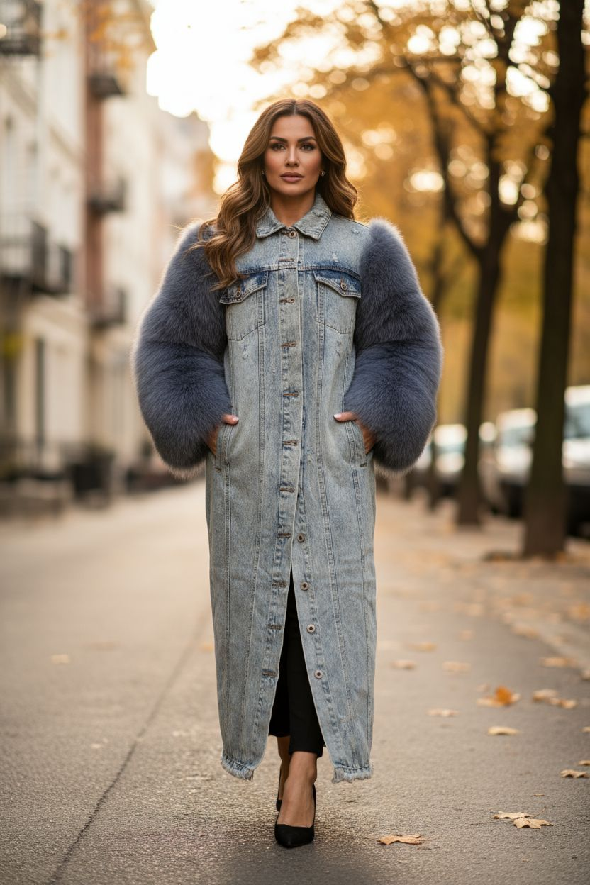 THE LUXE DENIM GENUINE FUR-SLEEVE COAT (Made to order)