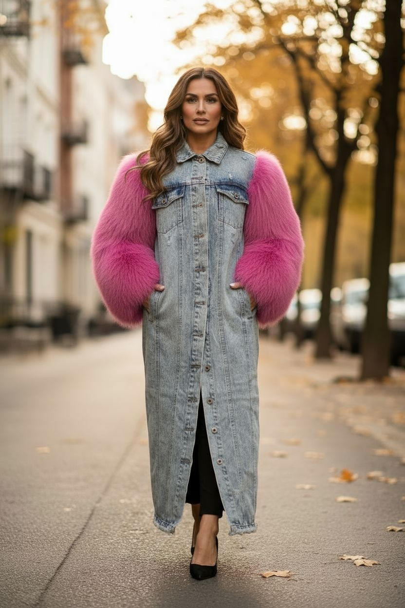 THE LUXE DENIM GENUINE FUR-SLEEVE COAT (Made to order)