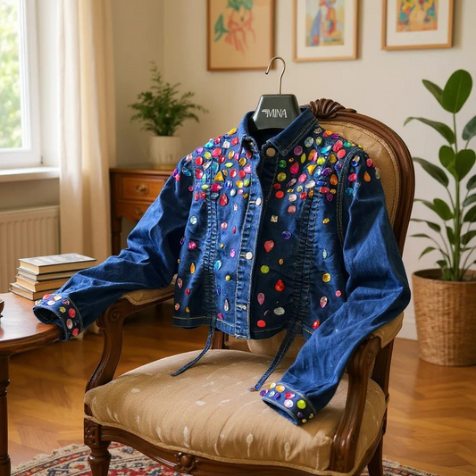 Colorful Rhinestone-Embellished Denim Jacket