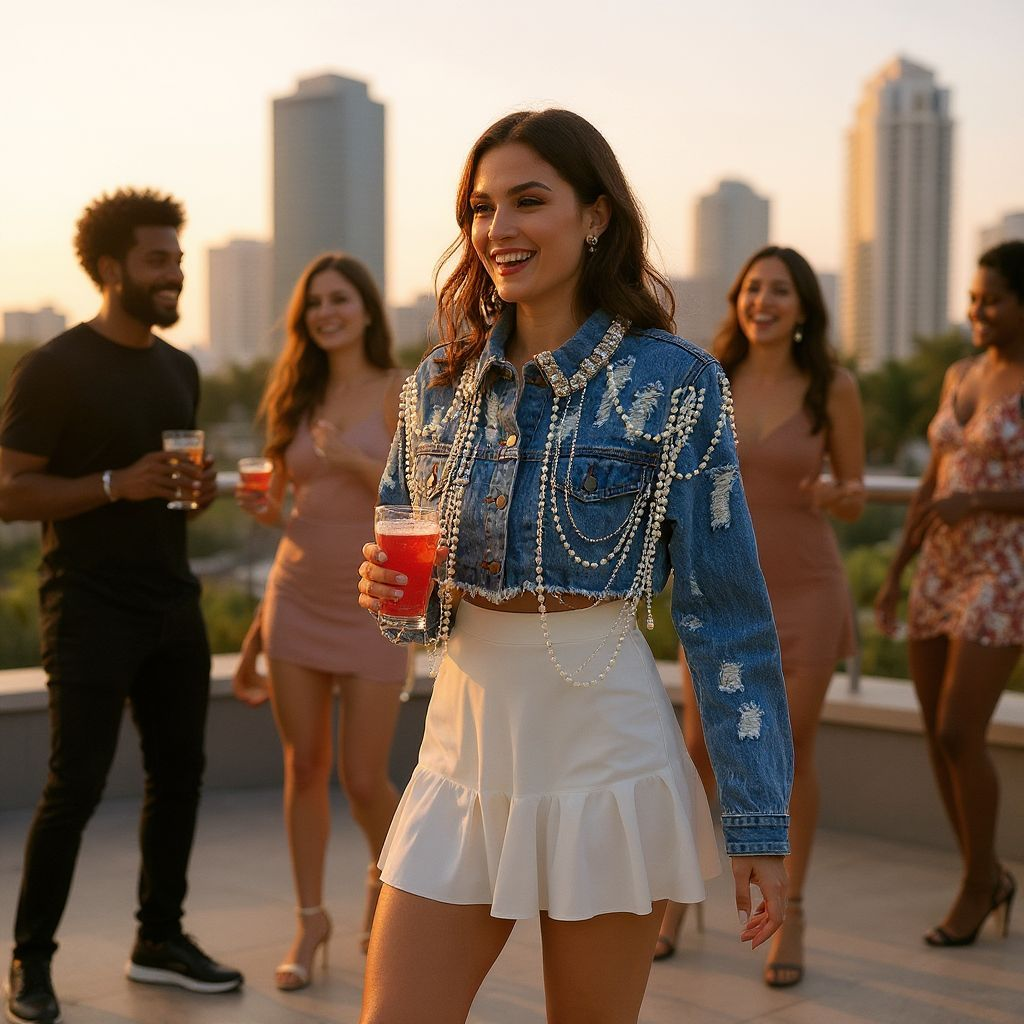 Embellished Cropped Denim jacket with Pearl Detailing