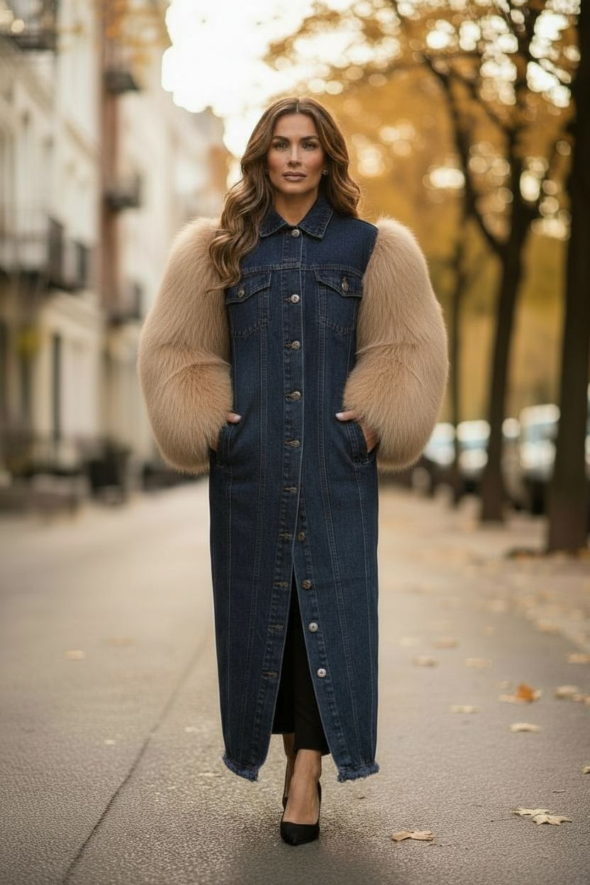 THE LUXE DENIM GENUINE FUR-SLEEVE COAT (Made to order)