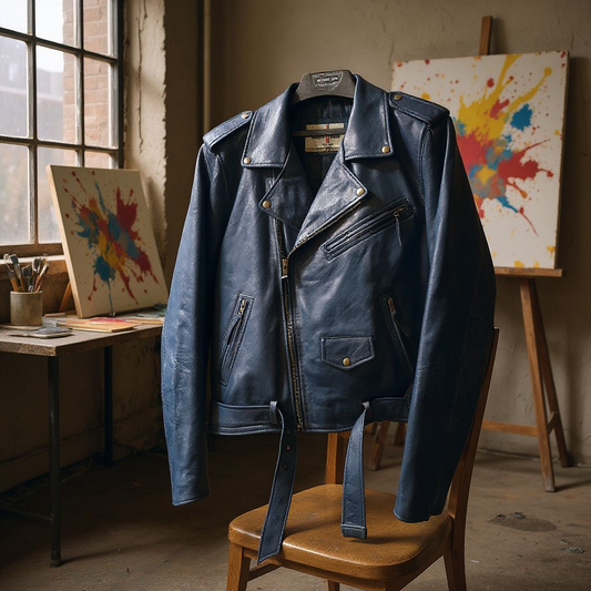 Navy Blue Leather Motorcycle Jacket (Plus Size)
