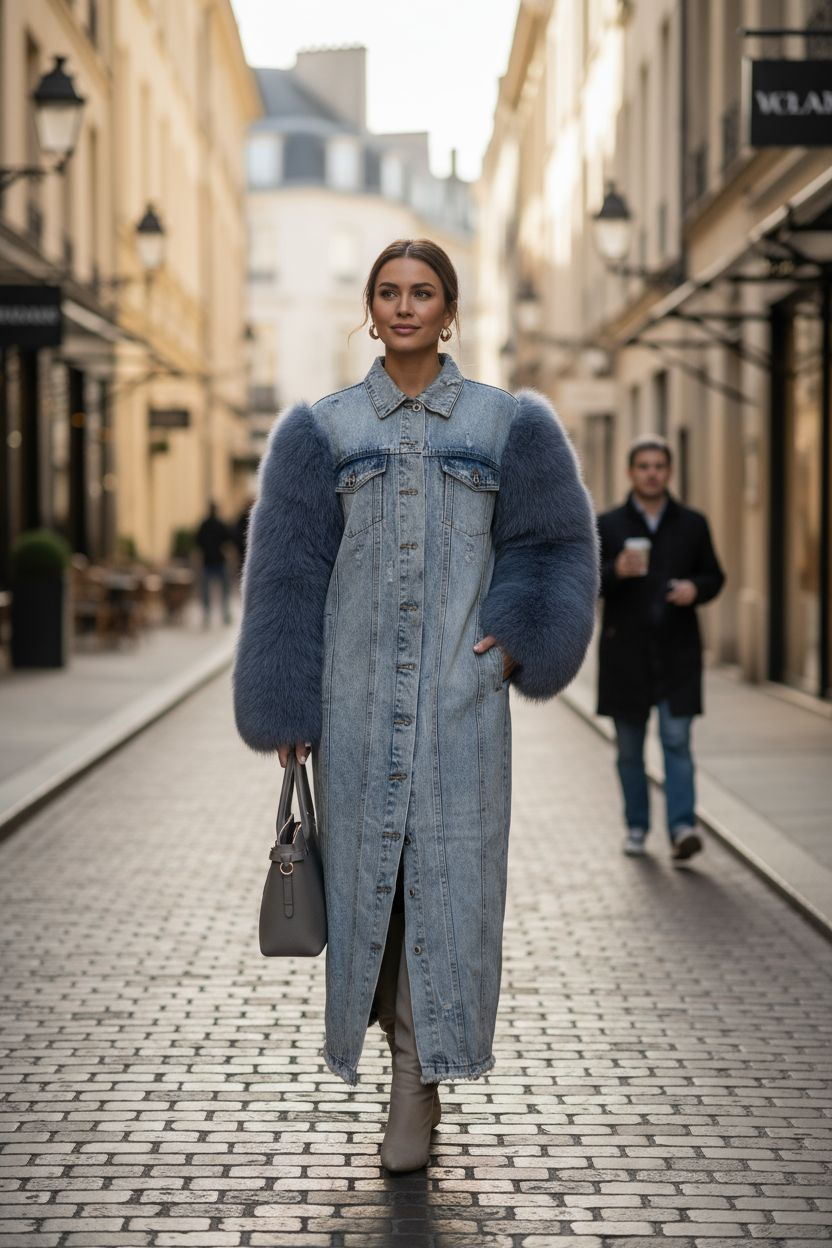 THE LUXE DENIM GENUINE FUR-SLEEVE COAT (Made to order)