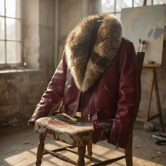Burgundy Leather Jacket with Genuine Fur Collar