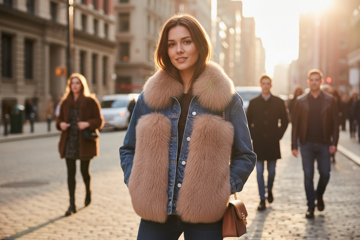 Luxury Denim jacket with Genuine Fur Trim - Chic Statement Outerwear