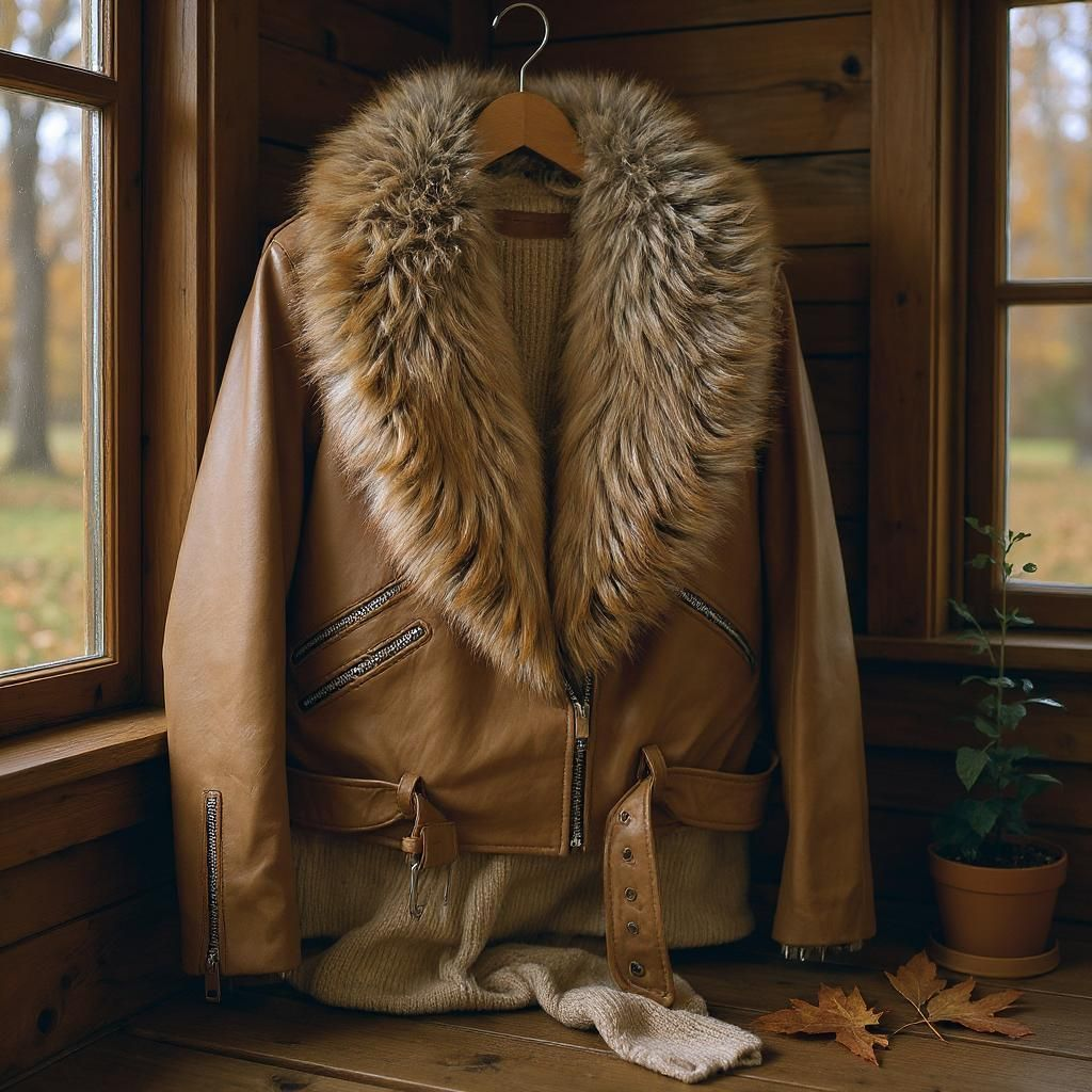 Motorcycle leather Jacket with Fox Collar